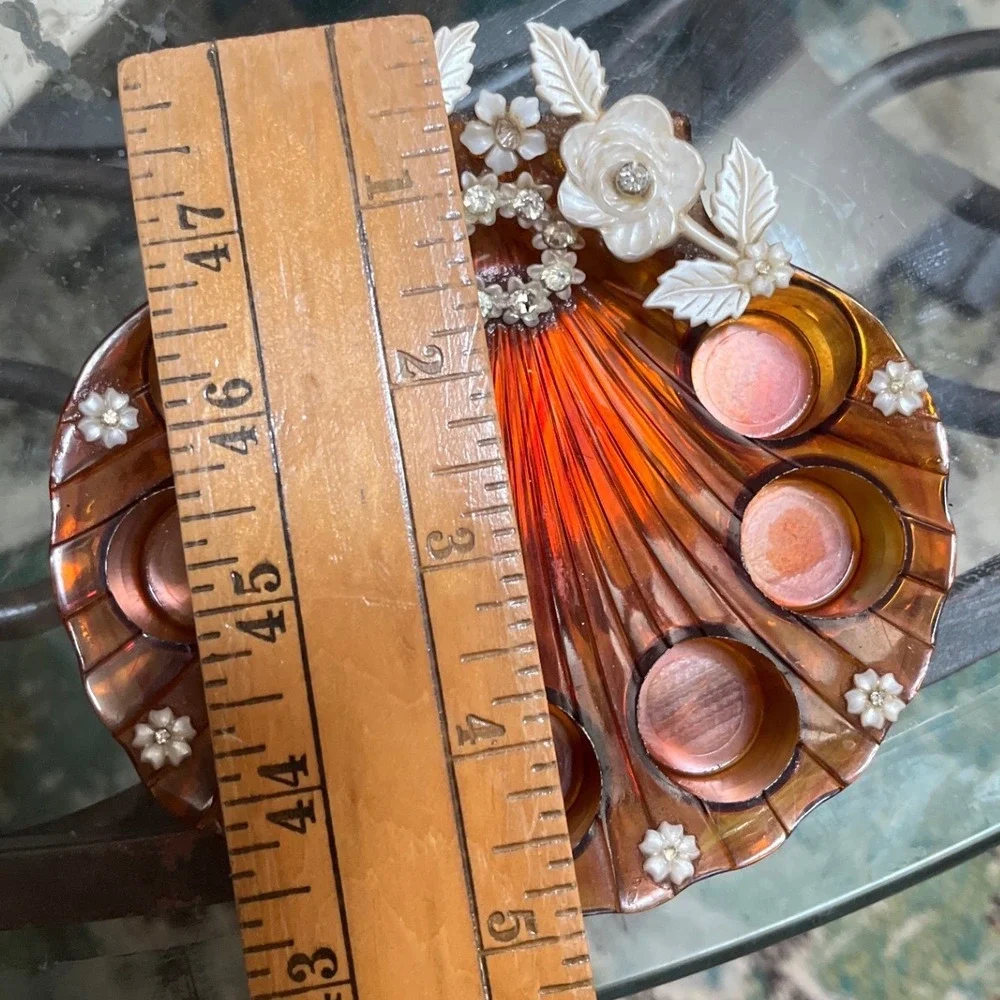 Vintage Amber Lucite Shell Lipstick Holder Floral Rhinestone Vanity Organizer